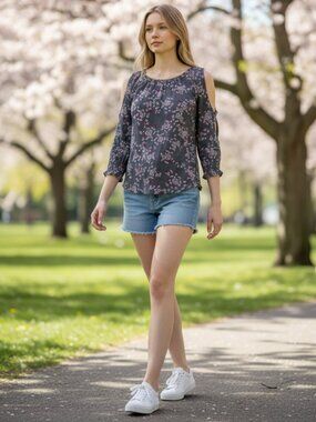 Floral Cold Shoulder Blouse Gray Pink Lightweight Boho Spring Top